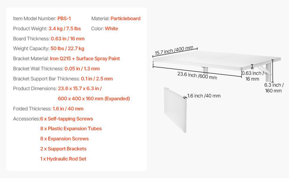 SucceBuy Wall Mounted Folding Table Drop Leaf  Floating Desk with Bracket Fold Down for Home Office Room Kitchen Space-Saving