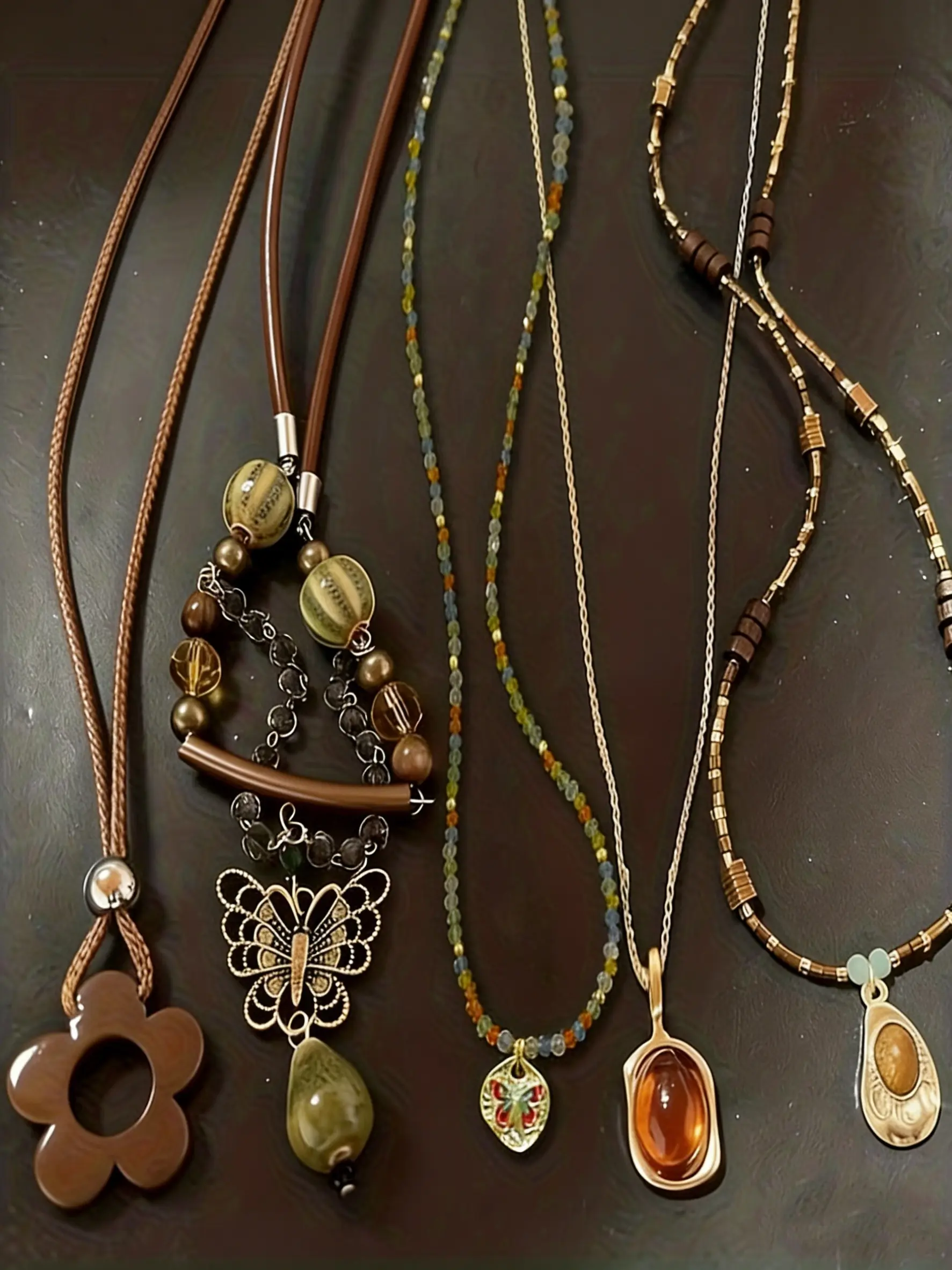 Vintage Handmade Beaded Pendant Necklace Set, Dangling Charms Necklace, Elegant Beaded Necklace, Assorted Beaded Necklaces, Mixed Style Long Leather Cord Layered Necklaces for Women, Decorative Beaded Necklaces, Boho Fashion Jewelry
