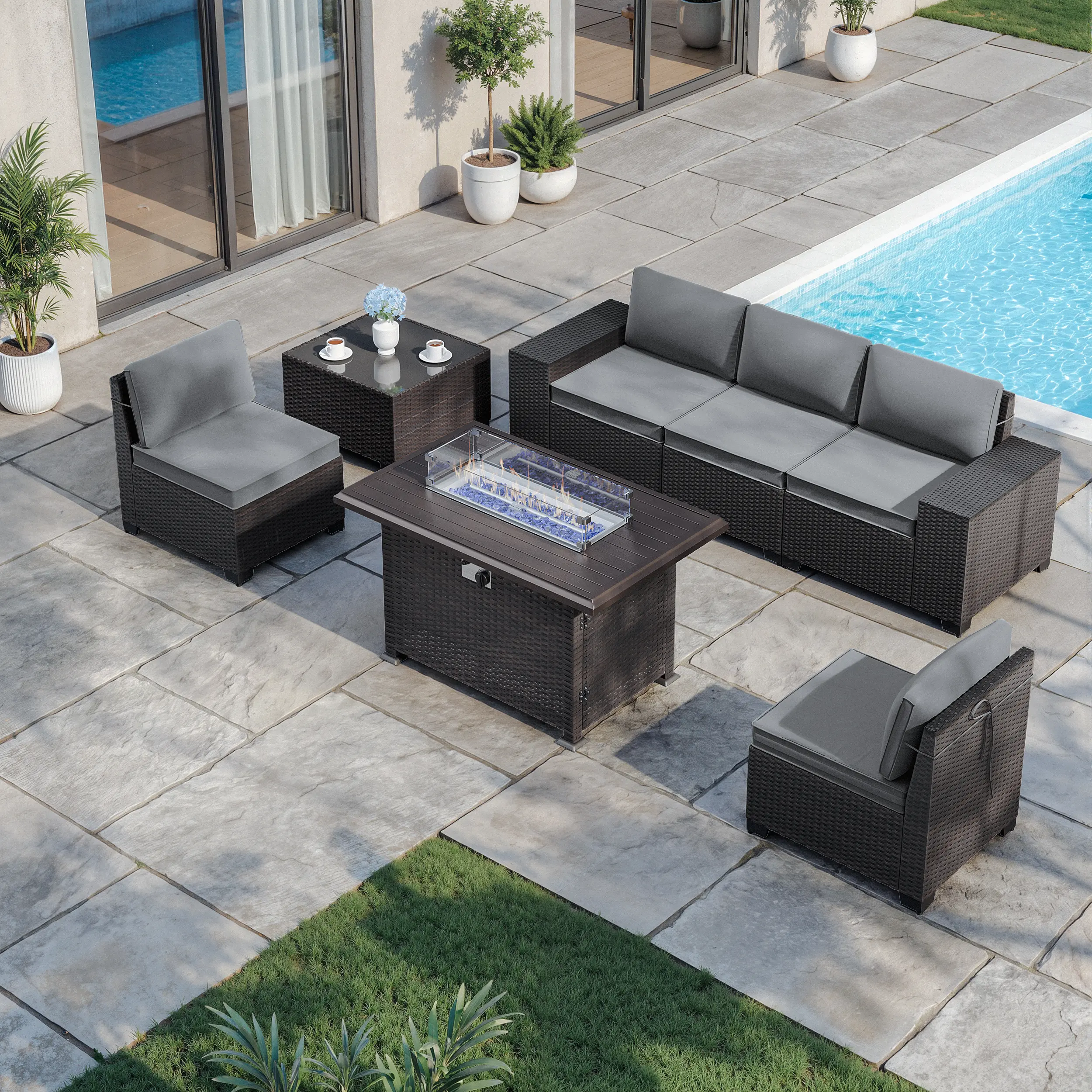 [4 packages shipping]Kullavik 7 Pieces Outdoor Patio Furniture Set with 43" 55000BTU Gas Propane Fire Pit Table PE Wicker Rattan Sectional Sofa Patio Conversation Sets