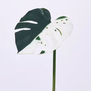Variegated Green & White Monstera Deliciosa Albo Leaf Single Artificial Stem Tropical Spray - 22"