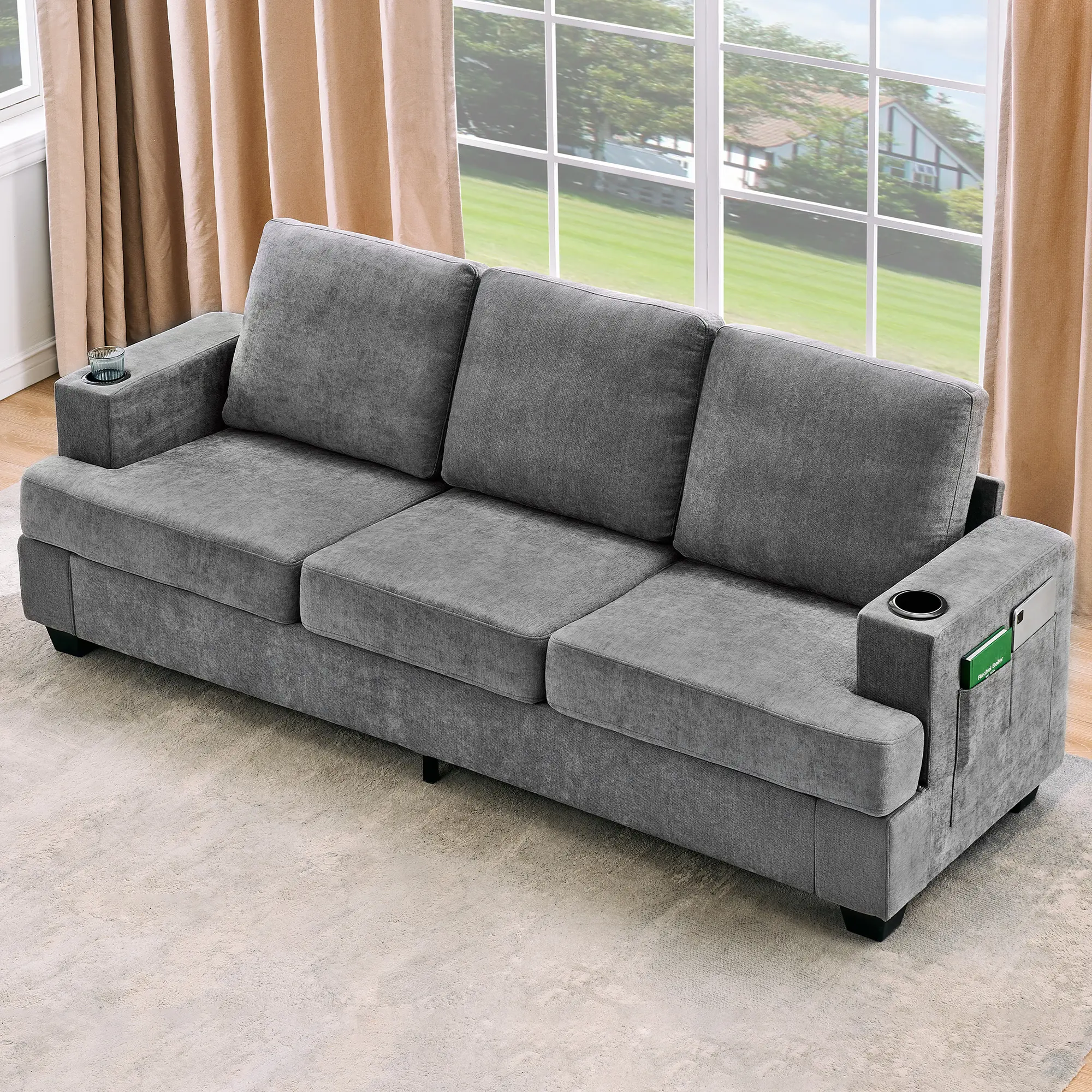 Modern 89″ 3‑Seater Sofa for Living Room – Comfy Couch w/ Deep Seat – Chenille Couch with Cup Holders & Side Storage Pockets for Apartment, Lounge