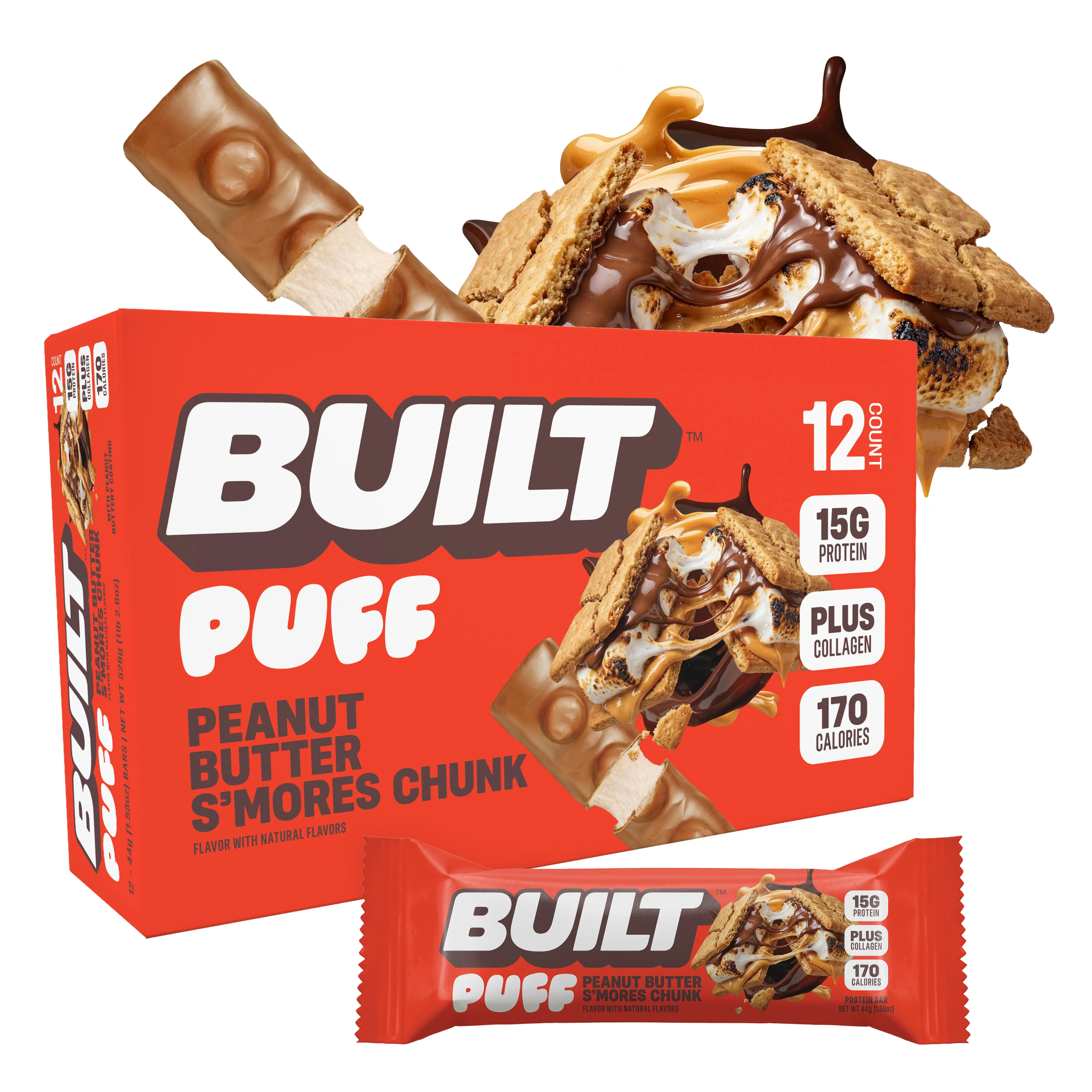 Official BUILT Bar, Puff Protein Bar Snack, Peanut Butter S'mores Chunk Puff, 15g Protein, 170 Calories, Collagen, Soft, Marshmallow-y Texture, 12 Count Box