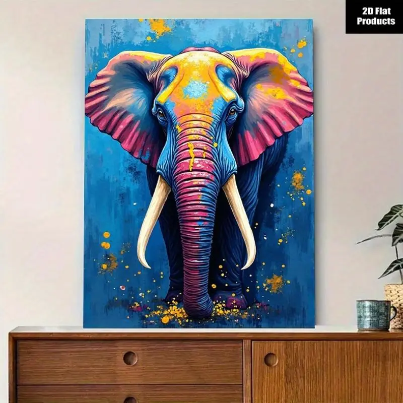 1pc Modern Farmhouse 2D Rectangular Elephant Motif Wall Art Decor - Teal Blue & Turquoise Abstract Wrapped Canvas Print with Vibrant Pink,Yellow,Orange,Purple,Black,White,Golden,Brown,Gray,Beige Hues, No Outdoor Use Indoor Bedroom Statement Home Decor, On