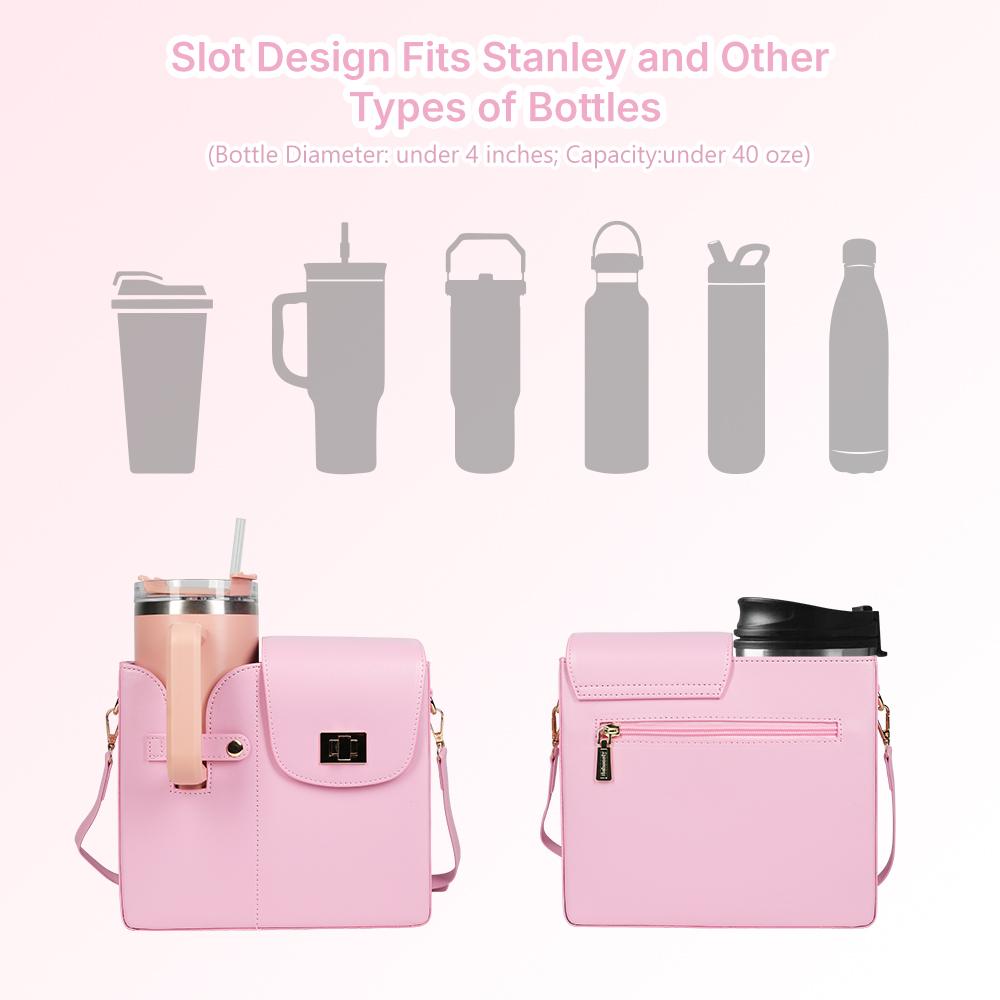 Behaesty Adjustable Crossbody Bag with Drink Holder & Wallet Storage for Women - Pink Leather Satchel for Gym Work Travel - All-in-One Organization & Versatile Strap