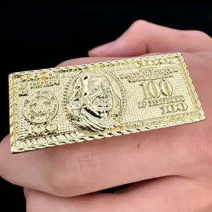 14k gold plated Double Finger Ring with 100 Benjamin Hundred Dollar Bill Unique