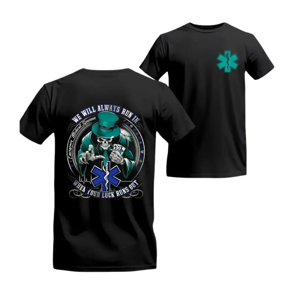 Breathable Short-Sleeve Grim Reaper EMT T-Shirt - Skeleton in Top Hat Star of Life Graphic, Menswear for EMS Paramedics, Gift for Emergency Joggers