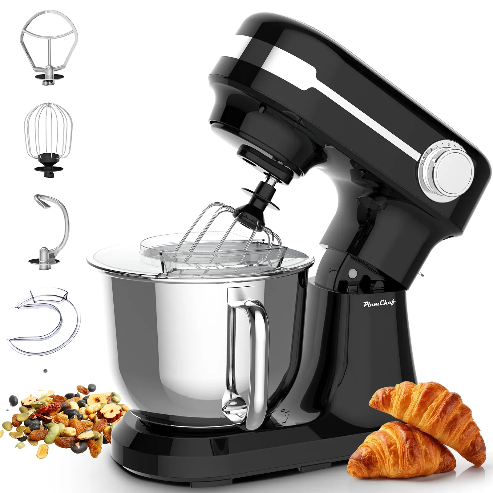 Stand mixer with 12-speed tilting head, dishwasher-safe stainless steel mixing bowl, dough hook, flat mixing paddle, whisk, and splash guard