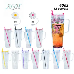 AGH 12pcs 40 oz Double Wall Acrylic Handle Reusable Tumbler Snow Globe Double-Wall Plastic Cup with Silicone Straw Topper/Cover for Glitter DIY UVDTF Gift Drinkware