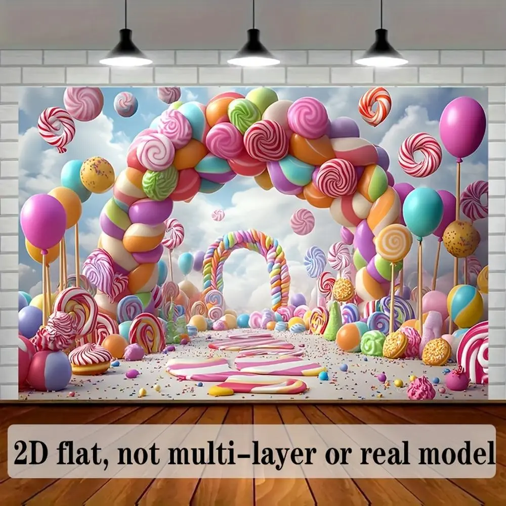 1pc Soft Durable 2D Flat Cartoon Polyester Photo Backdrop Banner - Indoor Party Decorations, Glam Vibrant Candy, Lollipop, Gumball, Sprinkle Design, Birthday Party Decor Textile Prop, One-Piece