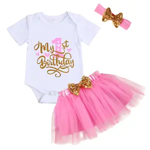 Baby Girl "My 1st Birthday" Top & Tutu Skirt Set, 9-18M, Soft White Bodysuit with Gold Glitter Graphic, Fluffy Pink Tulle Skirt, Ideal for First Birthday Celebrations