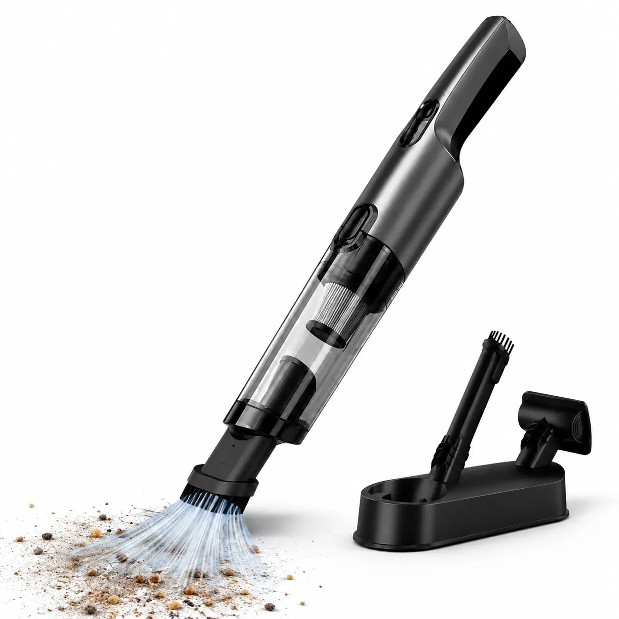 VAISEKE Cordless Handheld Vacuum Cleaner for Car, Home and Office, Portable Car Vacuum with LED Light, 2 Cleaning Attachments, Easy-Empty Dust Cup and Storage Base for Pet Hair, Crumbs and Dust, Black