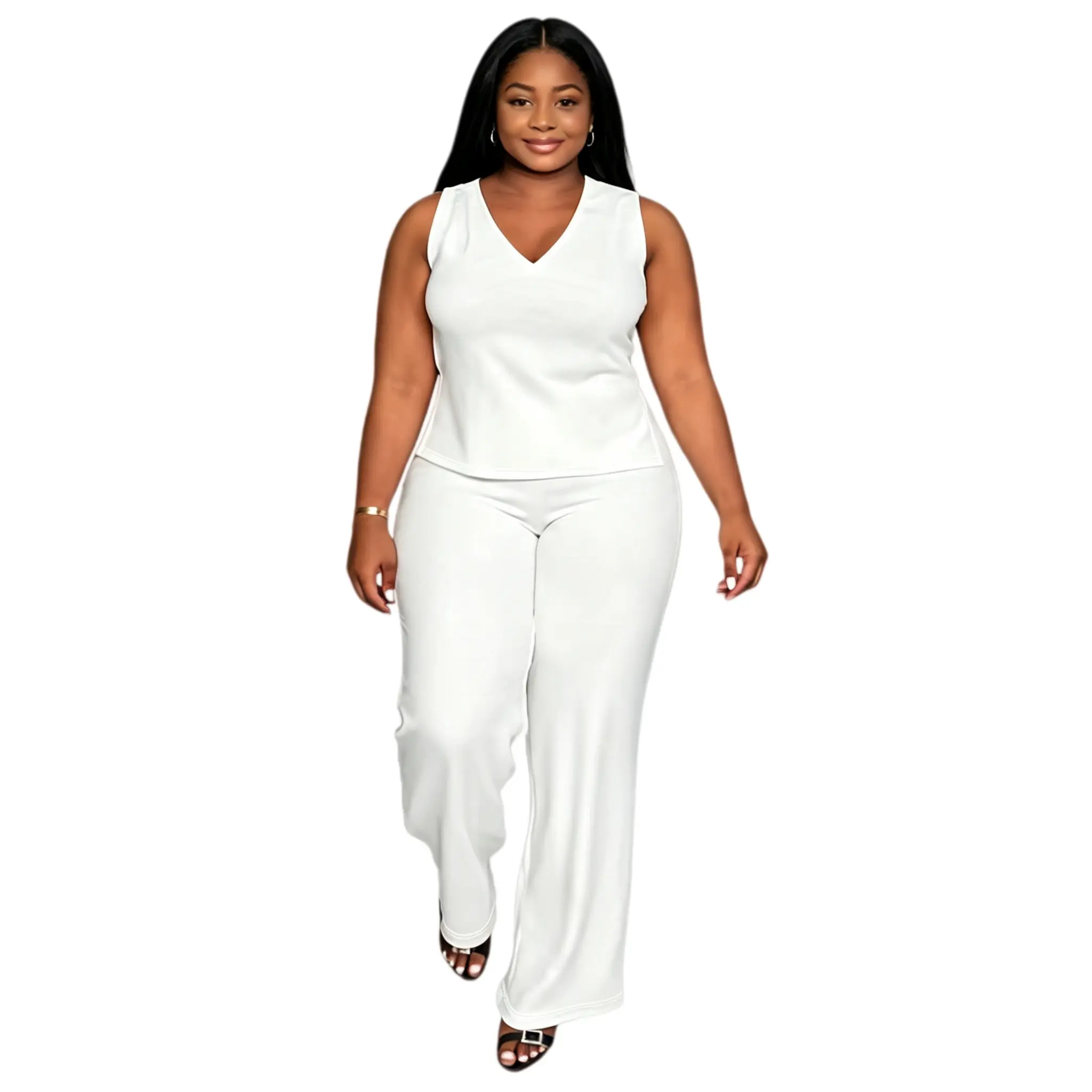 Elegant and comfortable solid-color plus-size two-piece set, sleeveless V-neck pullover with slit and medium stretch, casual and distinctive women's clothing.