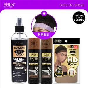 EBIN 10X Quick Dry Tinted Lace Spray Bundle (Medium Dark Brown, Dark Brown) + Wonder Lace Bond Melt Spray + HD Wig Caps Bundle with FREE Melting Band| Natural Tone Match, Seamless Lace Melt