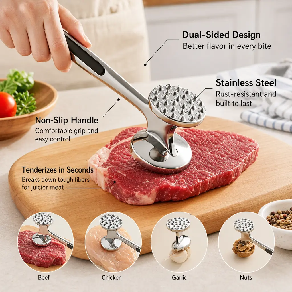 Metal Meat Tenderizer Hammer - 1 Count, Double Sided, Non-slip Silicone Handle, Smooth Surface, Hanging Kitchen Utensil for Tenderizing Steak, Crushing Garlic, Kitchenware