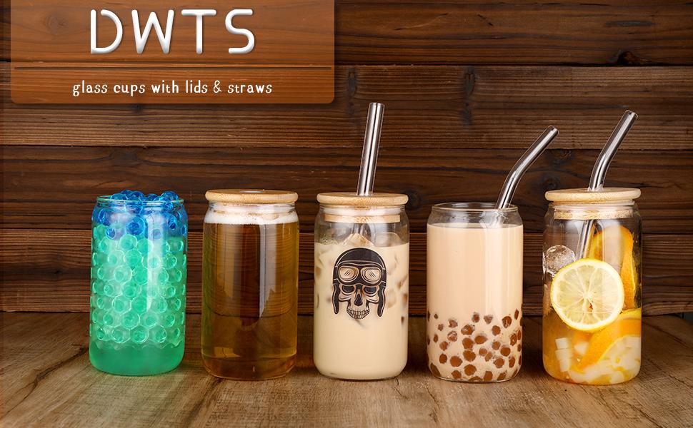 DWTS DANWEITESI 4-Pack 16oz Glass Cups with Bamboo Lids & Straws Borosilicate Tumblers for Coffee Beer Water Tea Drinkware Set Cute Wooden Ice Cube Jar Set