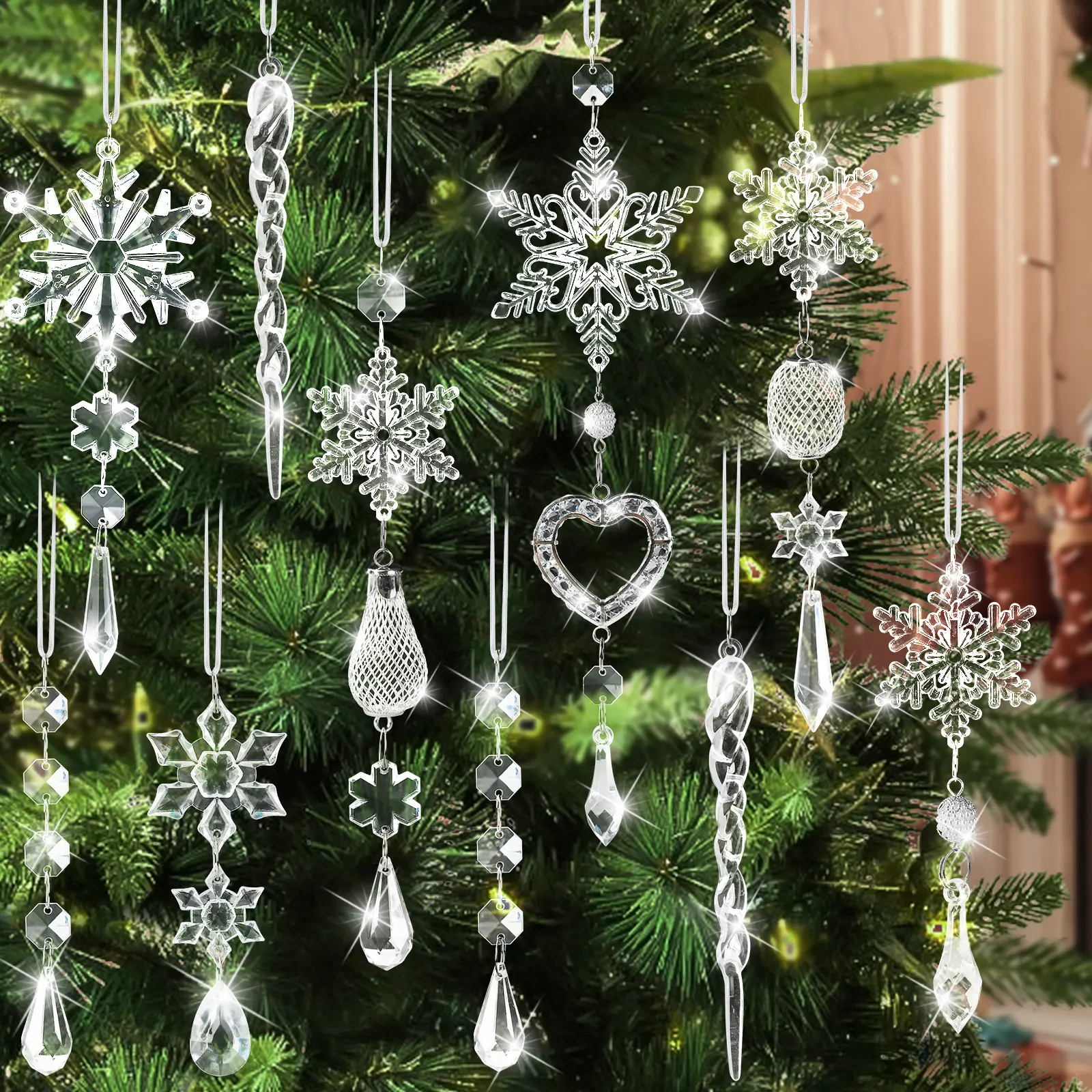 21pcs Corded Light Christmas Tree Decorative Ornament Set - Hanging Acrylic Snowflake Icicle Drop 6-Style Mix for Home Xmas Winter Party Supplies, Wall Hanging Decor