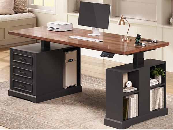 SEDETA Farmhouse Electric Standing Desk, 63" Height Adjustable Computer Desk with 3 Drawers, Storage Shelves, Power Outlets, Wood Home Office Stand up Desk for Work, Study, Writing