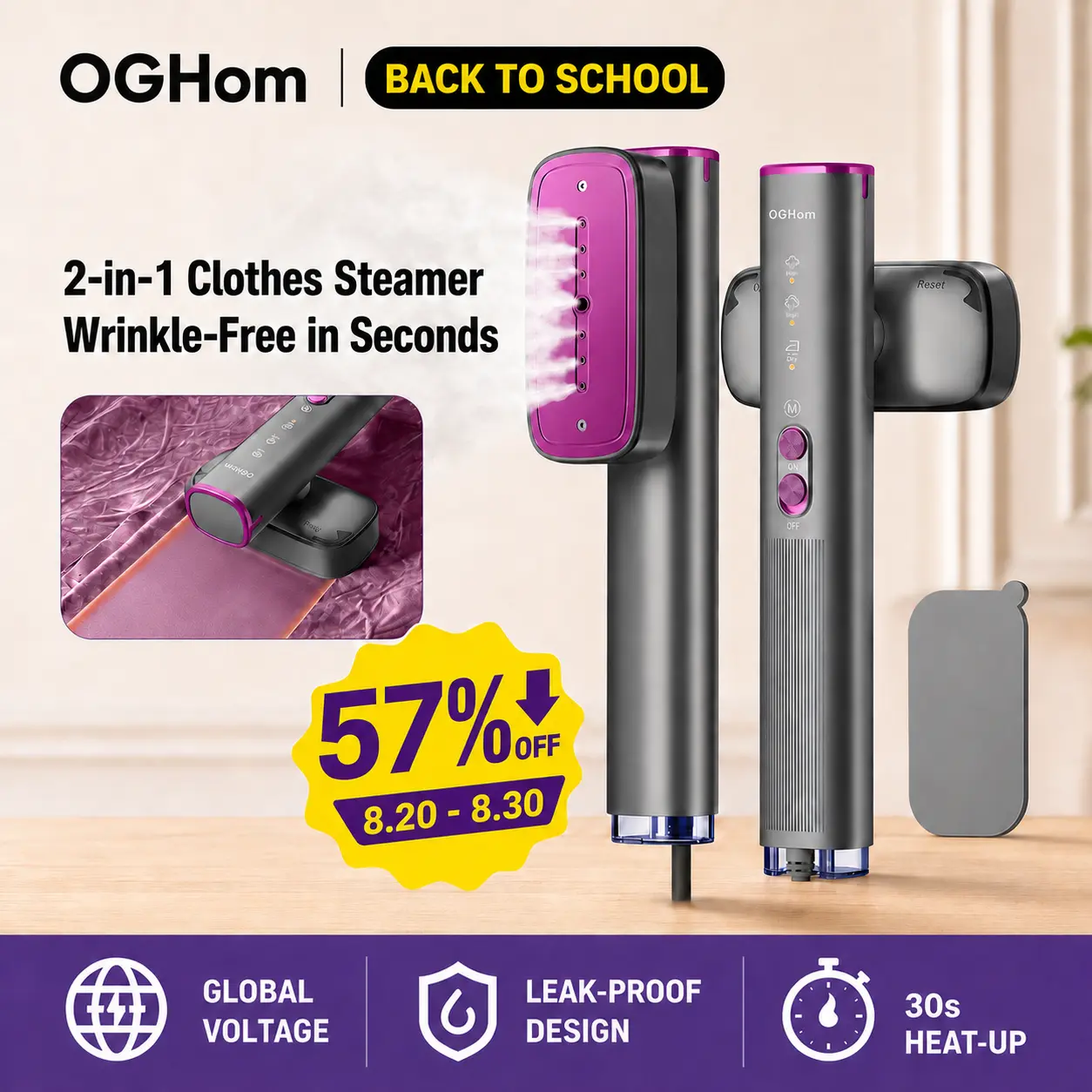 【BackToSchool】OGHom Handheld Clothes Steamer, 110-240V 2-in-1 Travel Steamer & Iron, 1000W Powerful Steam, 30s Fast Heat-Up, Dry & 2-Steam Control, Portable Garment Wrinkle Remover for Global Use tiktokshopbacktoschool