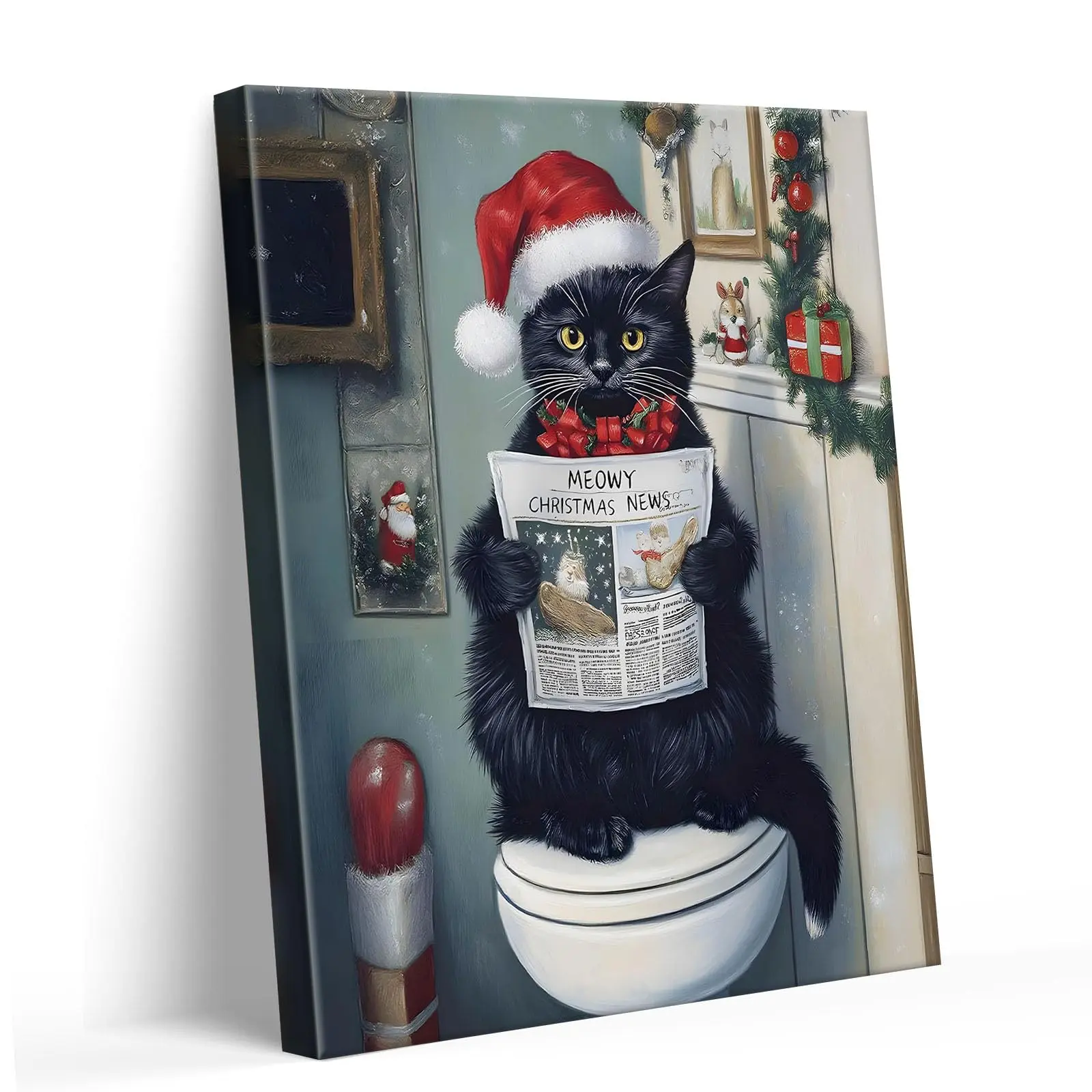 Christmas Bathroom Wall Art - Funny Black Cat Readeing Newspaper Humorous Canvas Print Santa Hat with "Meowy Christmas News," Festive Holiday Wall Decor Artwork for Bathroom or Living Room