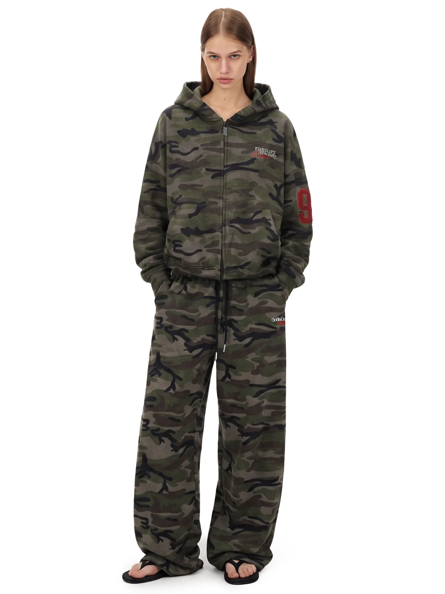 FDR Camo Embroidery Zip Up Hoodie for Men & Women Oversized Cropped Sweatshirt 2 Piece Tracksuit Set High Waist  Baggy Wide Leg Sweatpants Soft Fabric Y2K Streetwear Unisex Vintage Longsleeves Top Pullover