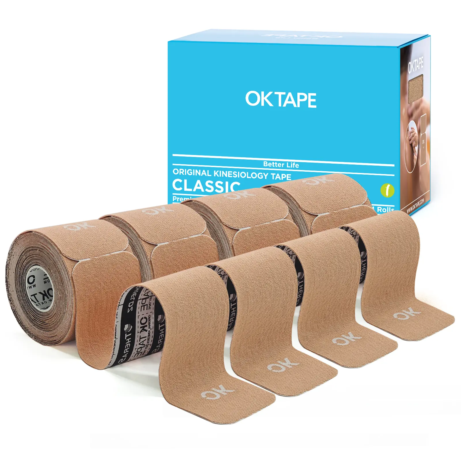 OKTAPE Kinesiology Tape 4 Rolls, Original Cotton Latex-Free Classic K Tape, Precut 2 Inch x 16 Feet, Waterproof Flexible for Knee Pain, Injuries & Sprains Back Taping Basketball