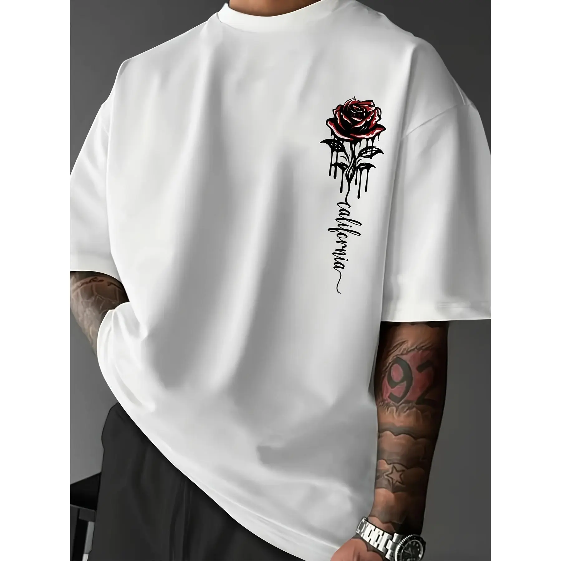Men's Cotton-Polyester Blend Shortsleeve Sports Top - Crew Neck, Quick Drying, Comfortable Loose Fit, Rose Print, Summer Casual Streetwear White Graphic Tee
