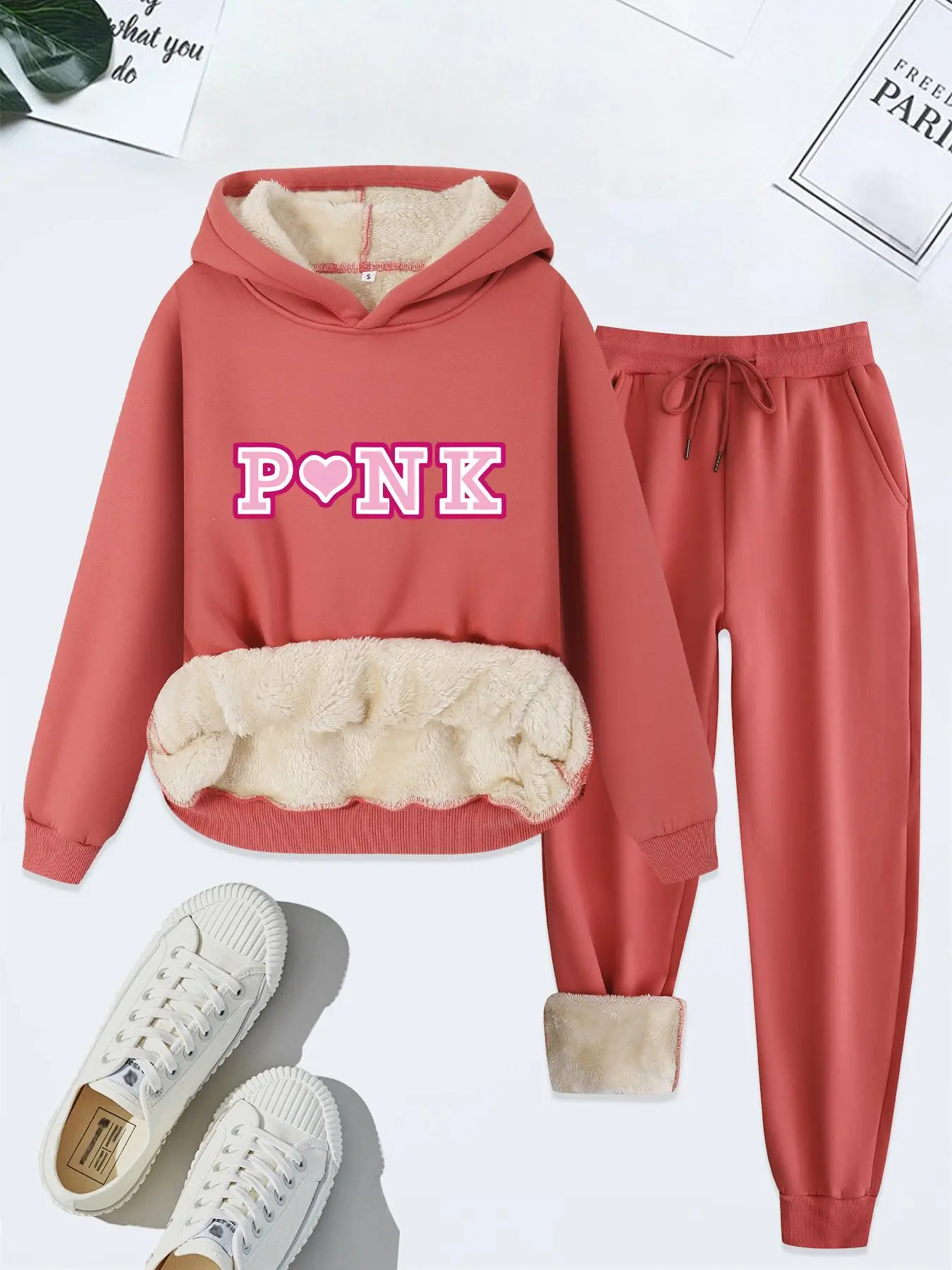Women's Heart & Letter Print Hoodie & Drawstring Waist Sweatpants Two-piece Set, Casual Long Sleeve Hooded Sweatshirt & Pocket Jogger Pants, Ladies Fall & Winter Clothes