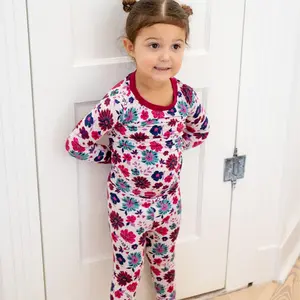 Wild Berry Floral Two Piece Bamboo Pajama Set for Little Dreamers - Soft Stretchy & Breathable Jammies with Rich Purple Blooms & Teal Leaves