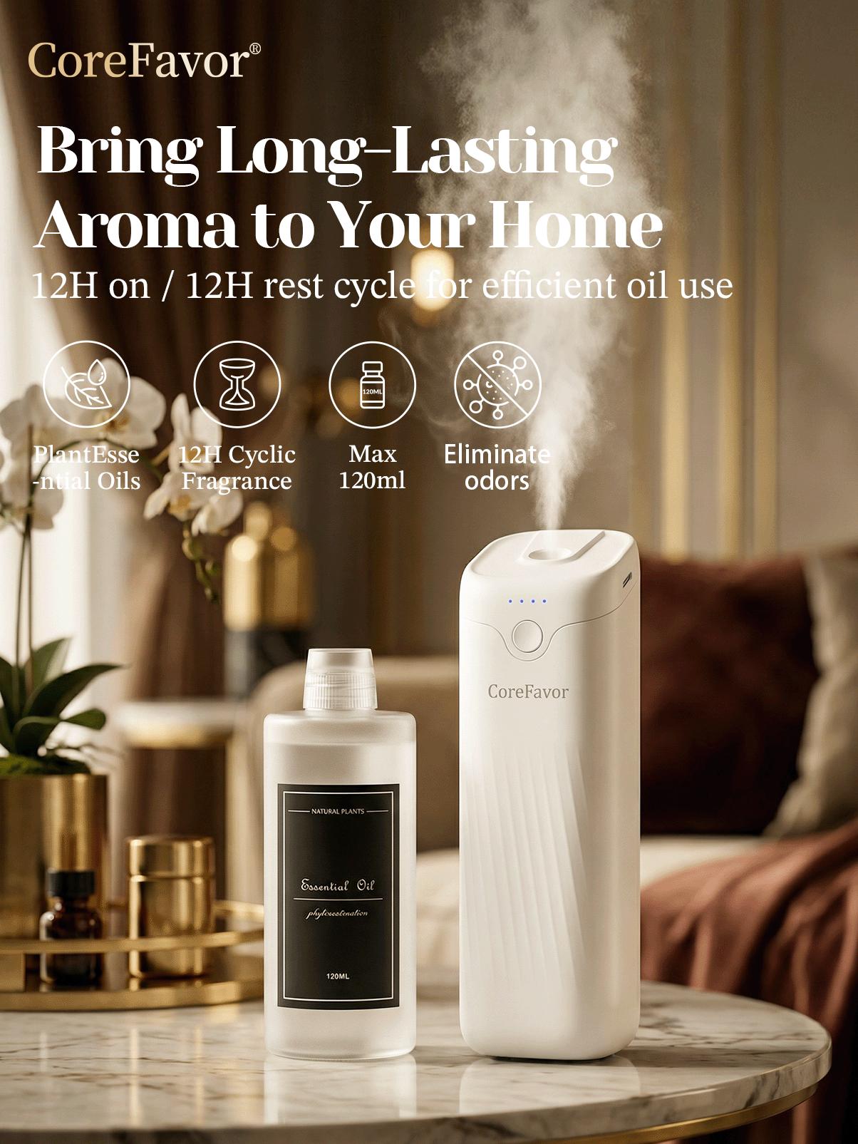 CoreFavor Waterless Essential Oil Diffuser（M60）with 120ml Oil, Portable Battery-Operated Cold Air Aroma Scent Machine, 4 Adjustable Intensity Levels, Quiet Diffuser for Bedroom, Office, Bathroom&Car