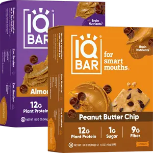 IQBAR Almond Butter Chip & Peanut Butter Chip - 24 Bars - 12g Plant Protein Crunchy Snack with Brain Nutrients