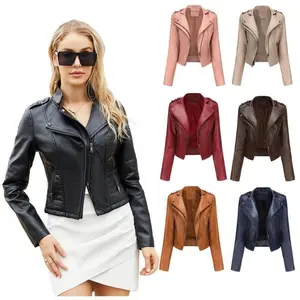 New Fitted Long-Sleeved Spring and Autumn Leather Jacket for Women With Rivets, Popular Short Small Coat, Zipper Leather Jacket, Cropped Leather Jacket Womenswear Outerwear