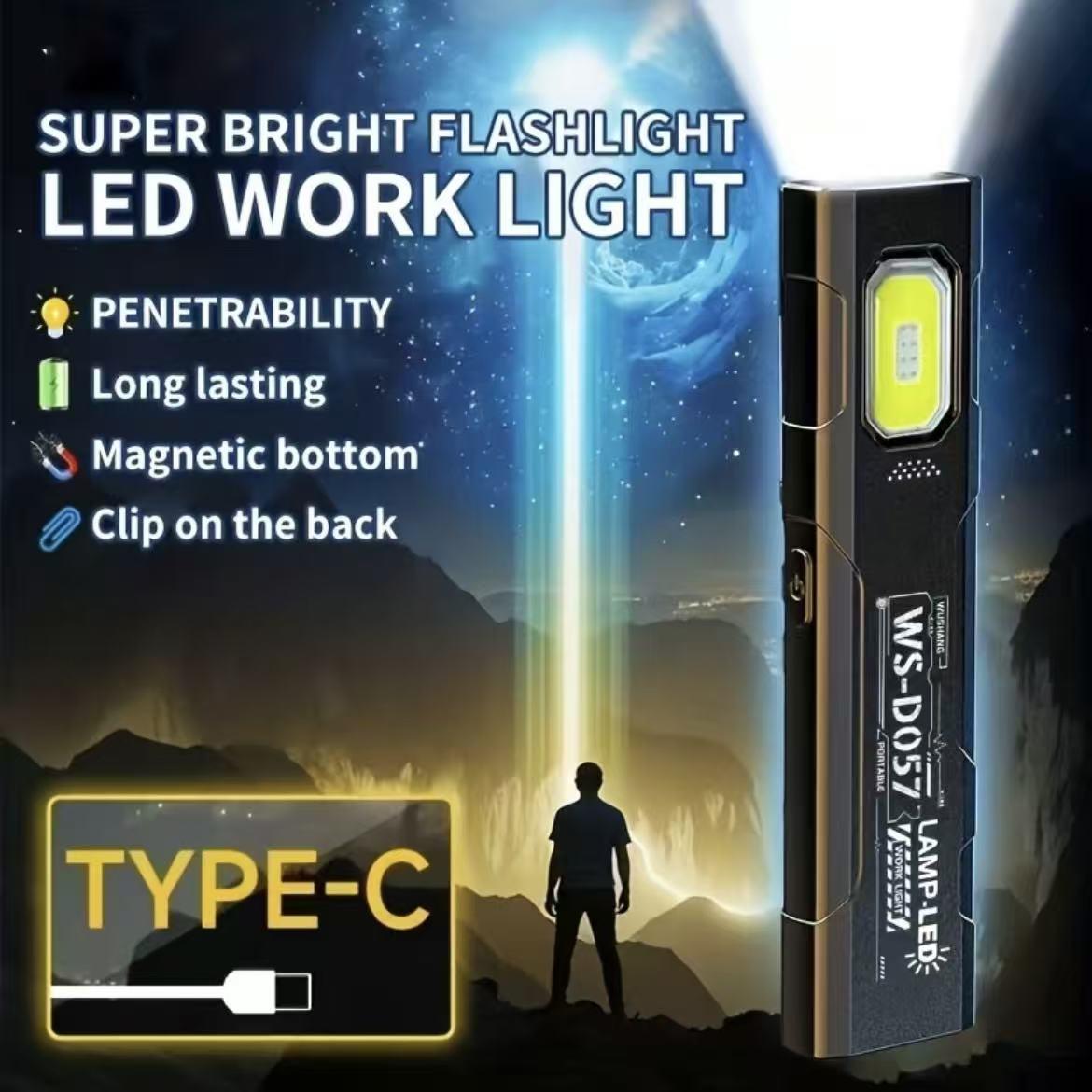 Flashlight with Magnet – 550LM USB-C Rechargeable LED Work Light | 5-Mode 800mAh Magnetic Flashlight with Clip | Portable Lamp for Auto Repair Car Shop Detailing Camping Night Work