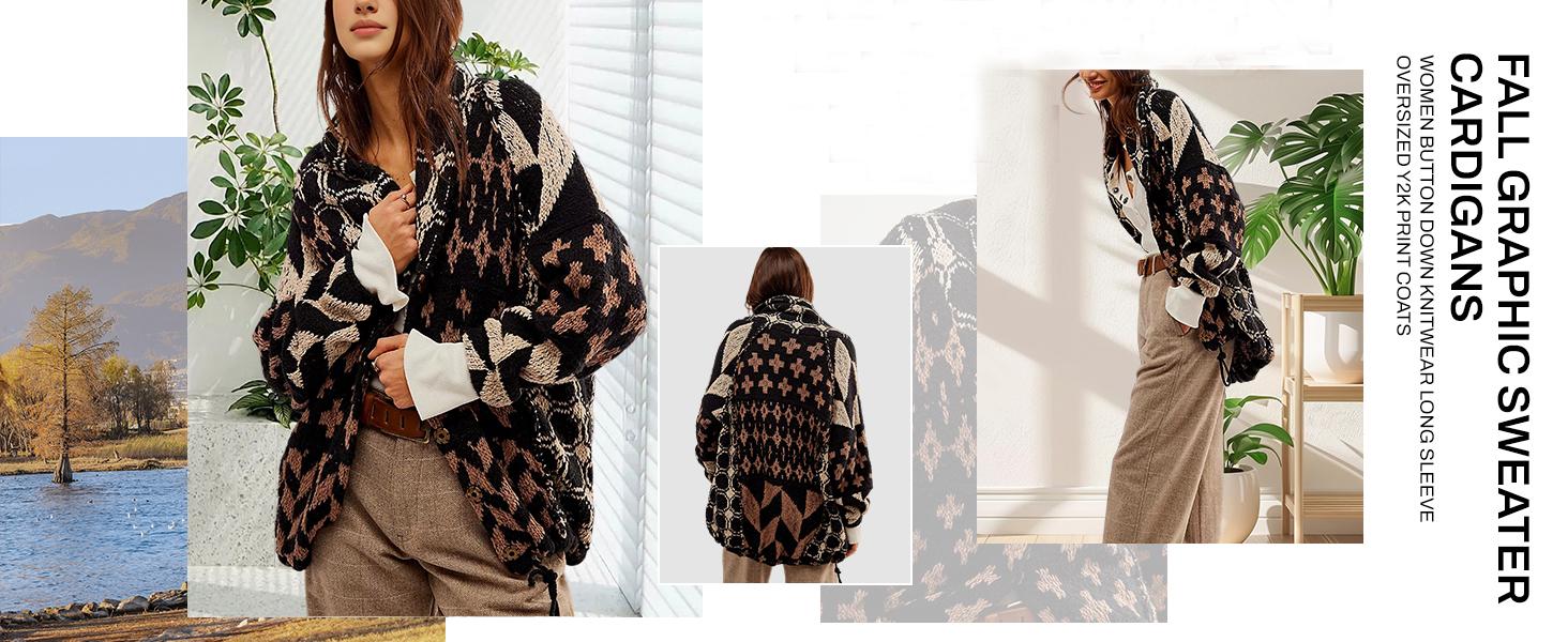 Naeduo Women's Fall Argyle Knit Sweater Cardigan Oversized Y2K Graphic Button Down Collar Soft Breathable Fabric Adjustable Fit Street Style Casual Geometric Vneck Knitting Fitted Tops