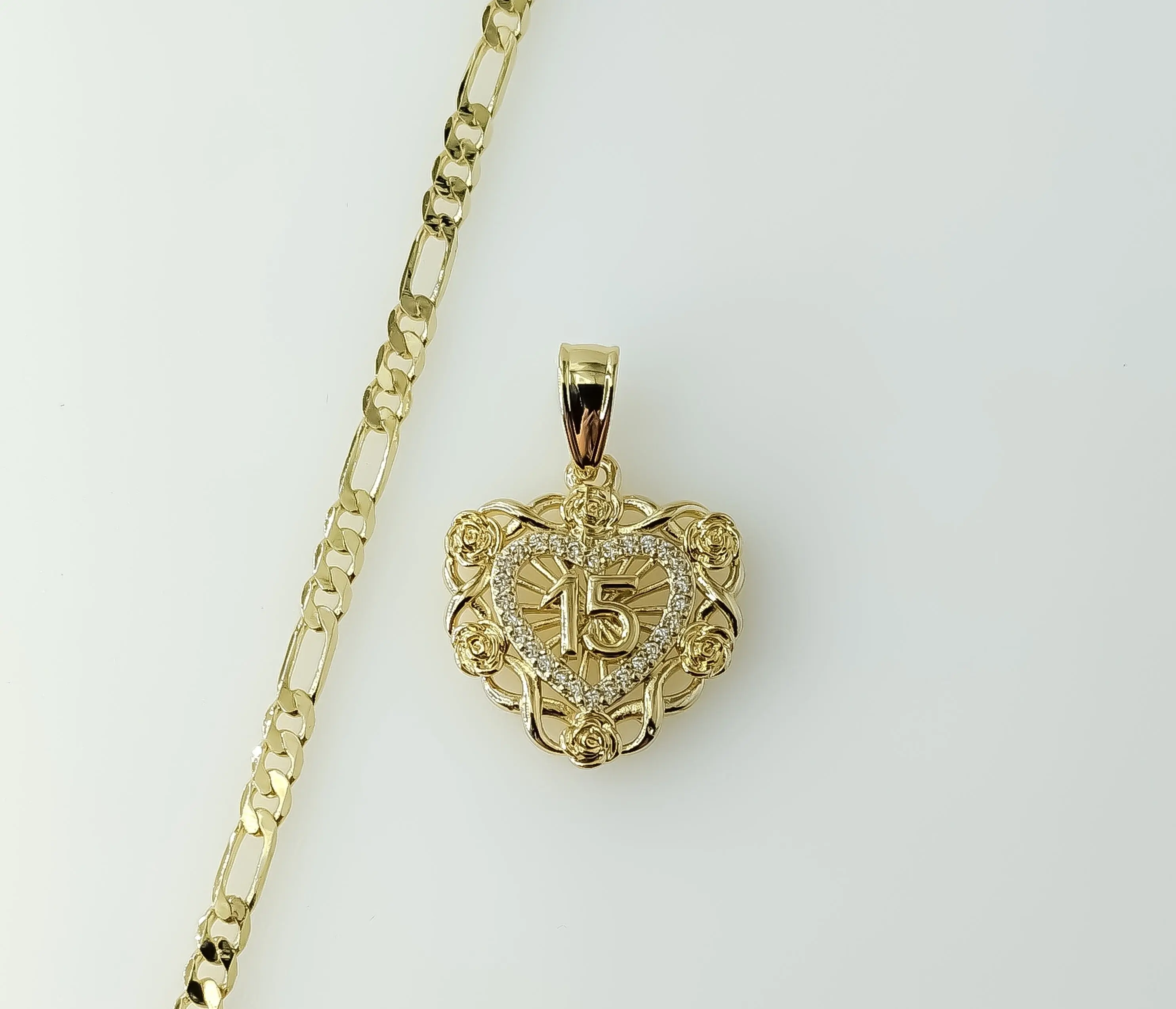 Plated Dainty Heart "My 15" Quince 3mm Figaro Chain Necklace