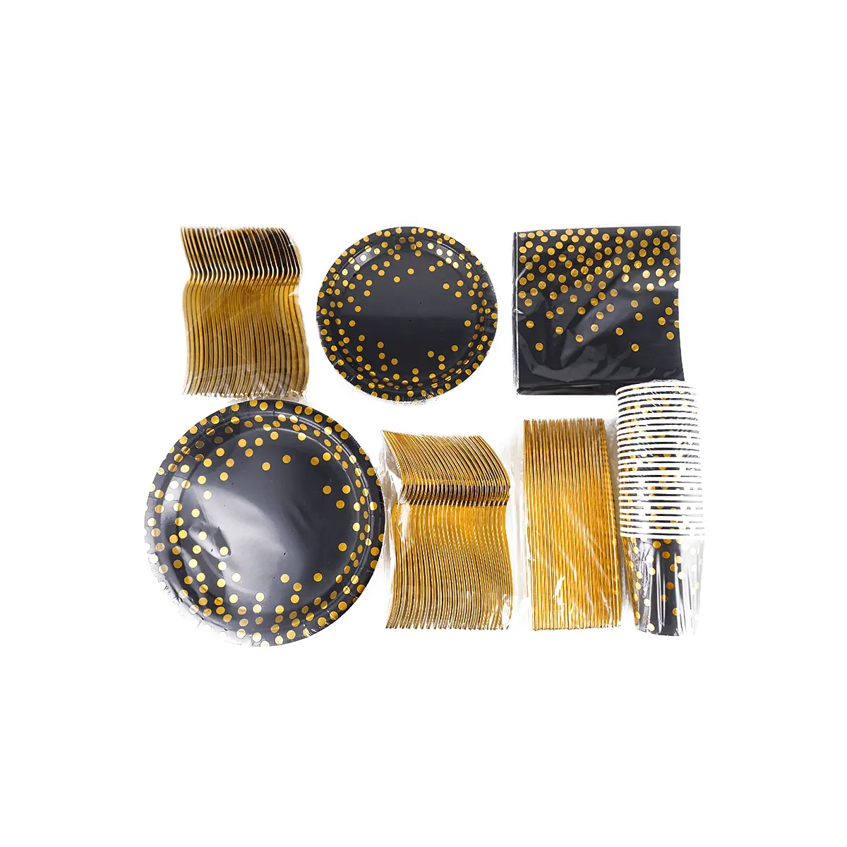 175 Pcs Black Gold Party Supplies Disposable Plates Cups Napkins Cutlery Set for Picnic Birthday Wedding Event Decorations