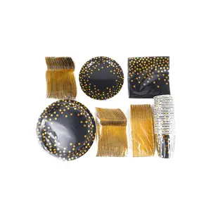 175 Pcs Black Gold Party Supplies Disposable Plates Cups Napkins Cutlery Set for Picnic Birthday Wedding Event Decorations