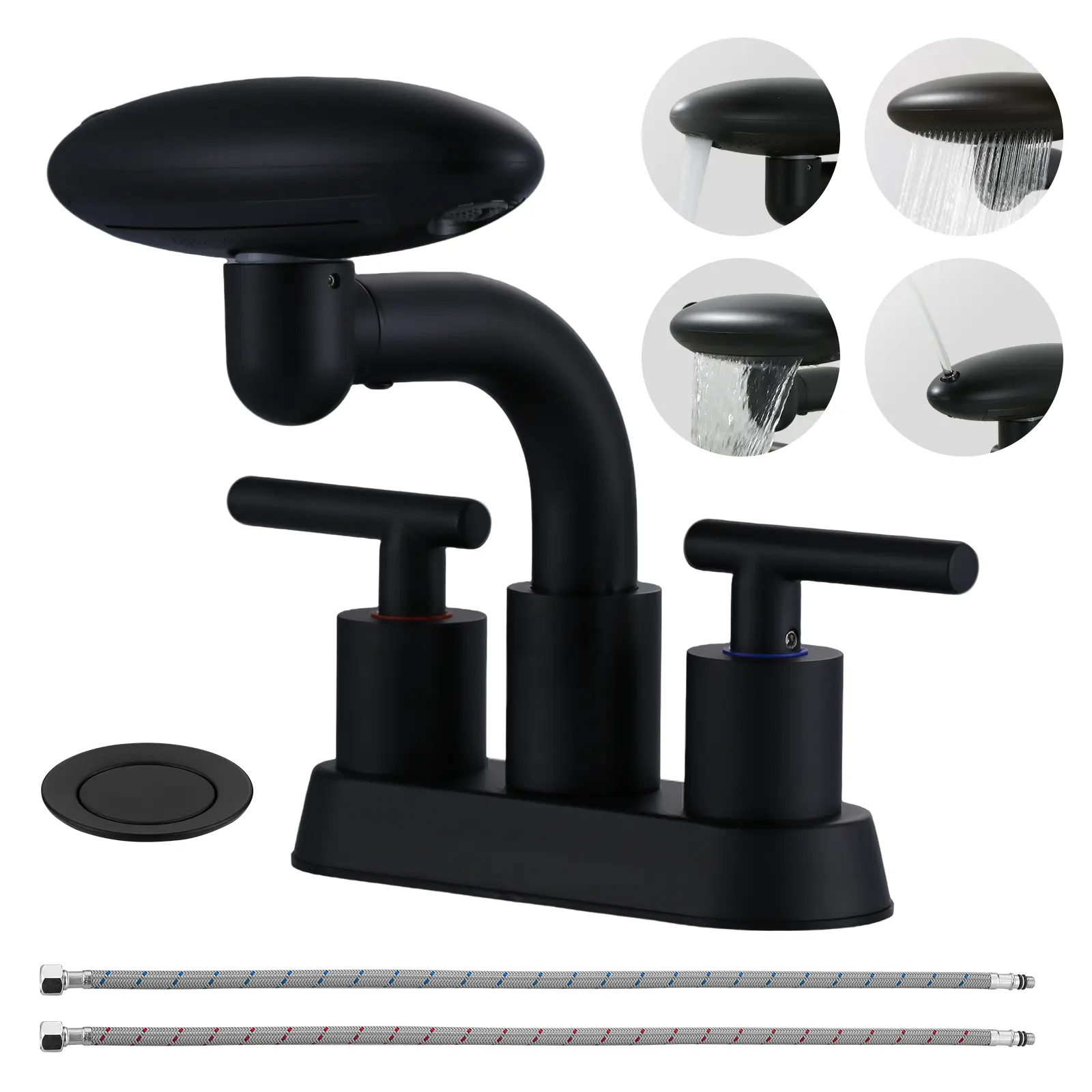 WOWOW Modern 4-in Centerset Matte Black Waterfall Stainless Steel Bathroom Faucet - 2-Handle Tap with Popup Drain, 24-in Supply Lines, 360 Swivel Spout, 4-in Versatile Water Function, Precise Dual-Handle Control for Vanity Countertop Sinks, Waterfall Fauc
