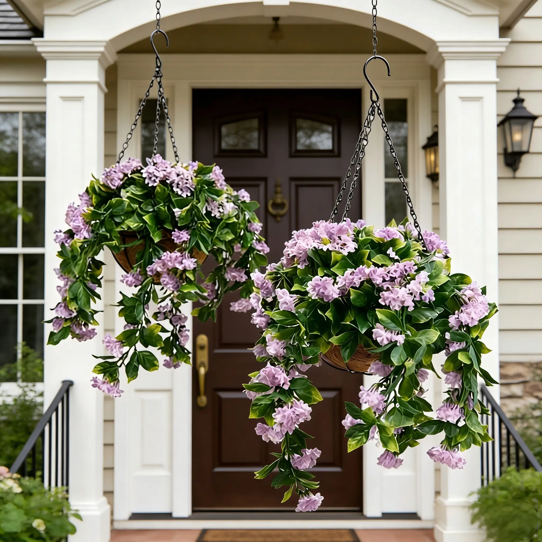 15" Faux Crepe Myrtle Hanging Baskets (Set of 2), UV-Resistant Outdoor Artificial Plants, Decorative Flower Baskets for Porch, Patio, Outdoor Planters, Decorative Garden Planter