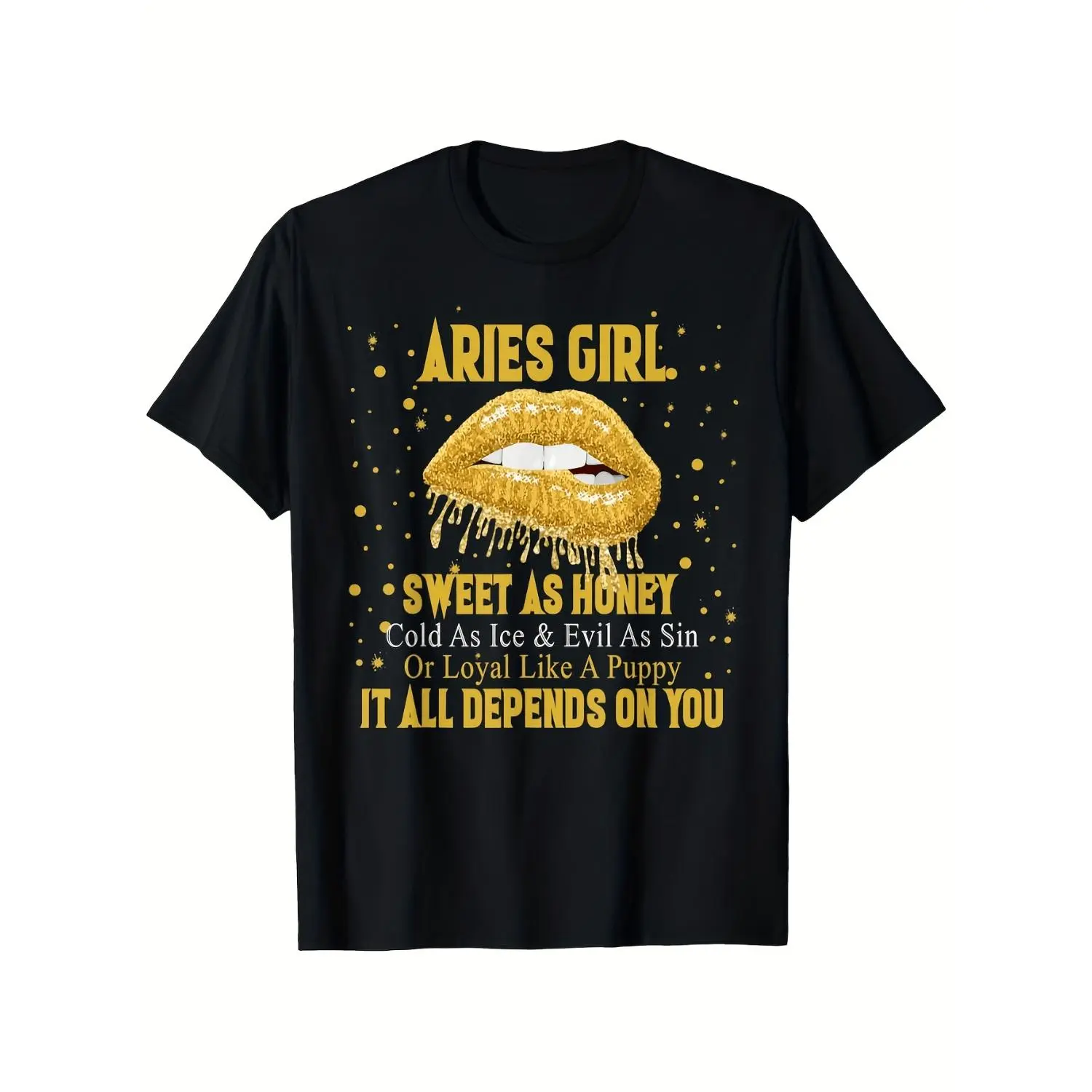 Aries Zodiac Birthday Gift T-Shirt for Women - Retro Lips & Stars Graphic Tee with Sweet as Honey Quote, Short Sleeve Round Neck Casual Shirt for Running & Casual Attire, Machine Washable Black Gift