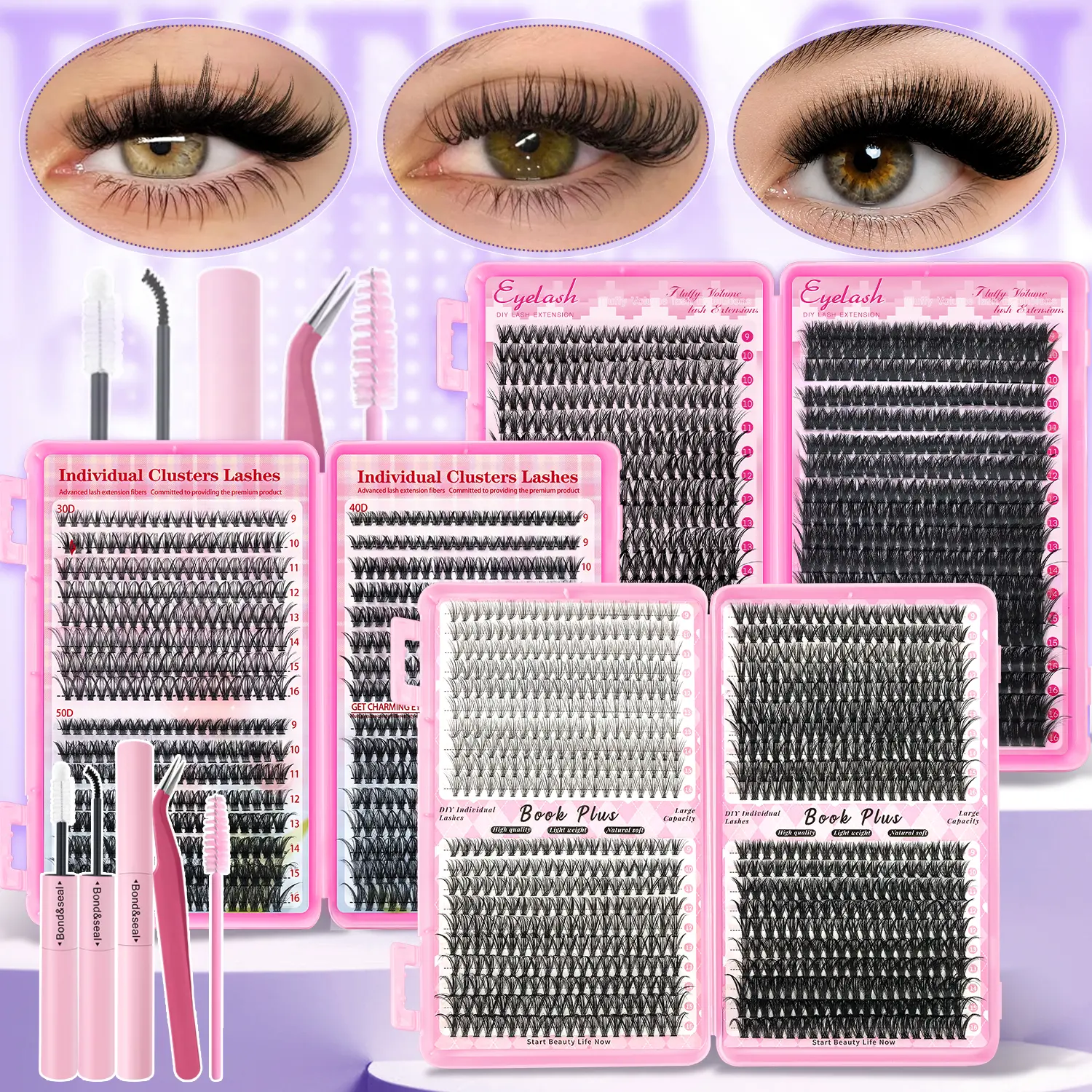 800pcs Synthetic Individual Lash Clusters Kit for Eyelash Extensions, 20D-50D Fluffy Wispy 10-16mm Mixed Length DIY Kit with Bond & Seal, Tweezers, Brush, Storage - Beginner-Friendly At-Home Cosmetic Salon Self-Grafting False Lashes, Gentle
