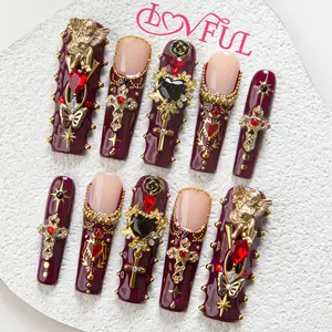 Lovful Mid Length Collection Classic Handmade Acrylic Press-On Nails|10PCS Reusable,Salon Quality Outdoorfun Rhinestone