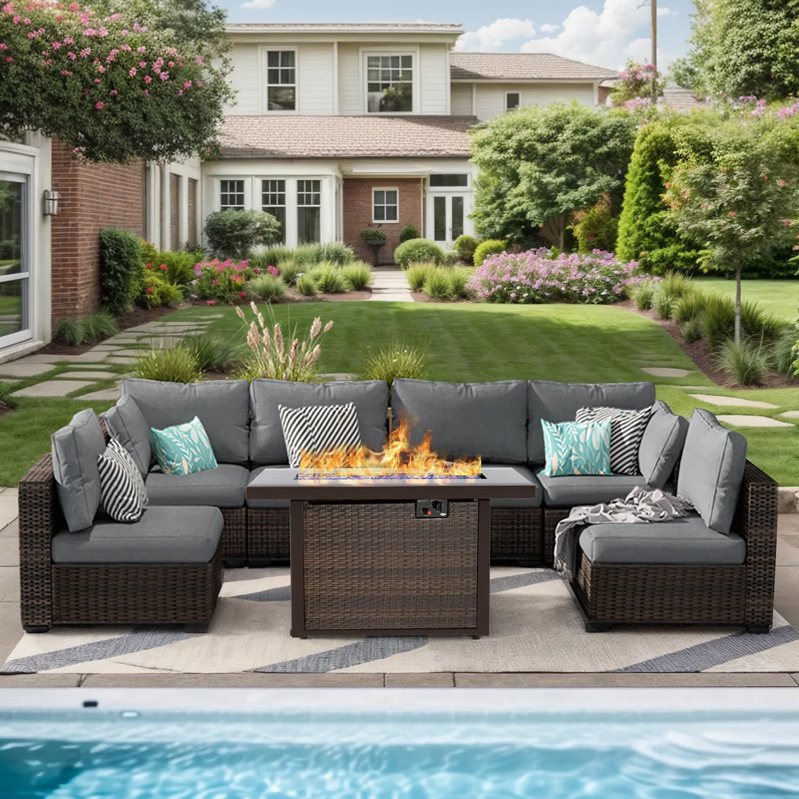 【3 packages shipping】Gaptainer 7 Pieces Patio Furniture Set with 44" Fire Pit Table,Rattan Outdoor Sectional Conversation Sets,All Weather Outdoor Furniture Set with Cushions for Garden Lawn Balcony Porch Deck summergarden,outdoorfurnitureset summerwins S