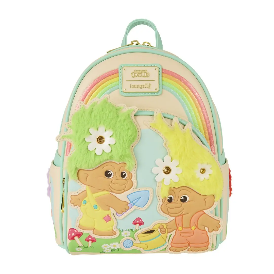 Loungefly Universal Classic Trolls Plush Glitter Rainbow Mini Kawaii Backpack, Functional Luggage Bag, Casual Printed Daily Micro Bag, Embroidery