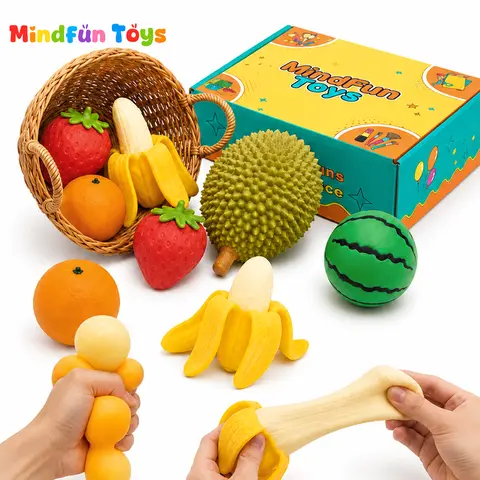 8-Piece Stress Relief Fidget Toys Fruit Squishy Set Box,Soft Sensory Squeeze Toys Fast Return Party Gift for Kids Adults