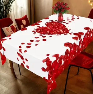 Valentine's Day Heart-Shaped Rose Petal Print Tablecloth - Round Polyester Table Cover for Wedding Anniversaries, Holiday Parties, and Outdoor Celebrations - Perfect Mother's Day Gift, Heart Pattern, Kitchen Accessory