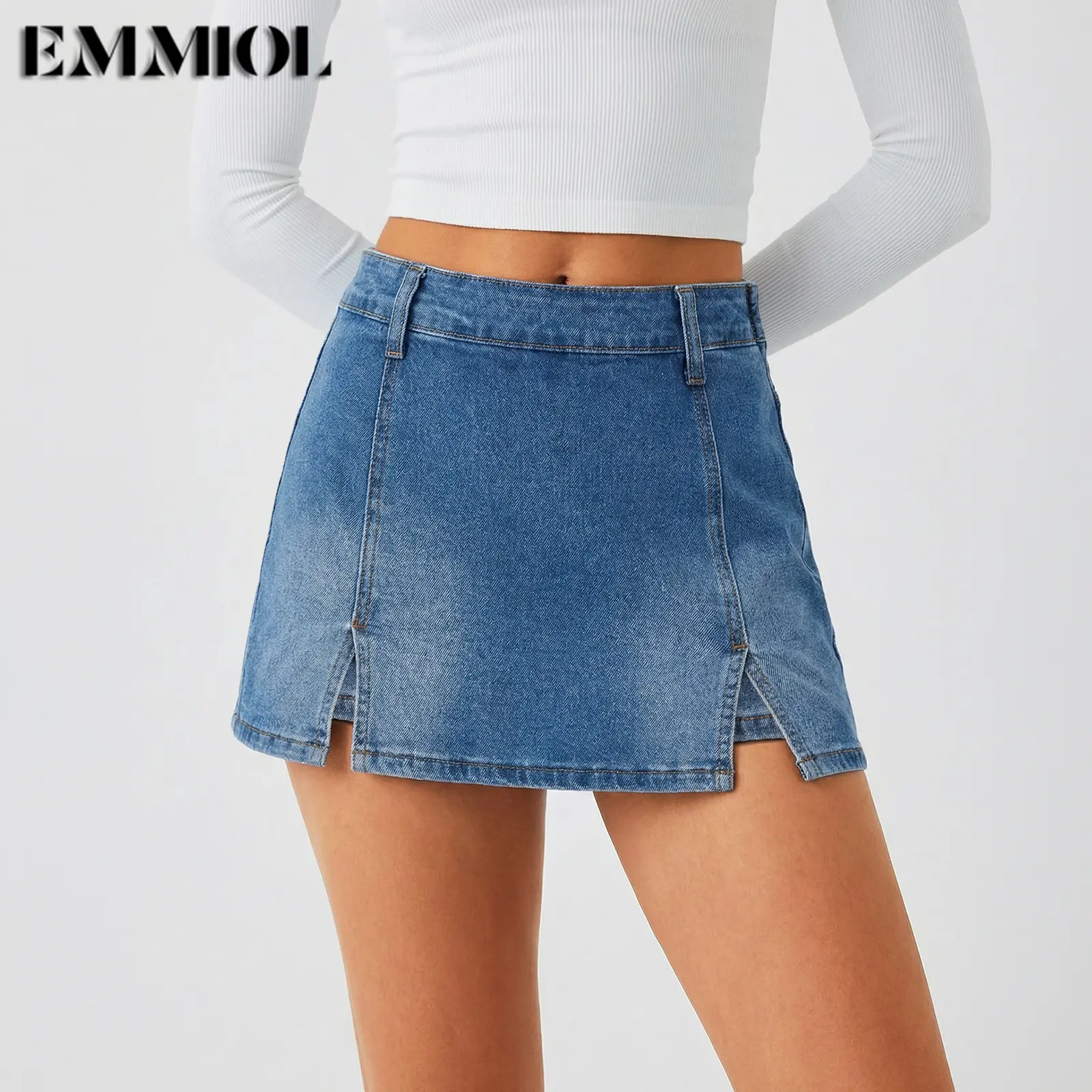 EMMIOL Denim Mini Skirt for Women - Mid-Low Waisted Stretch Side Zipper Skort Y2k Casual Jean Skirts with Shorts Underneath Summer vibes
