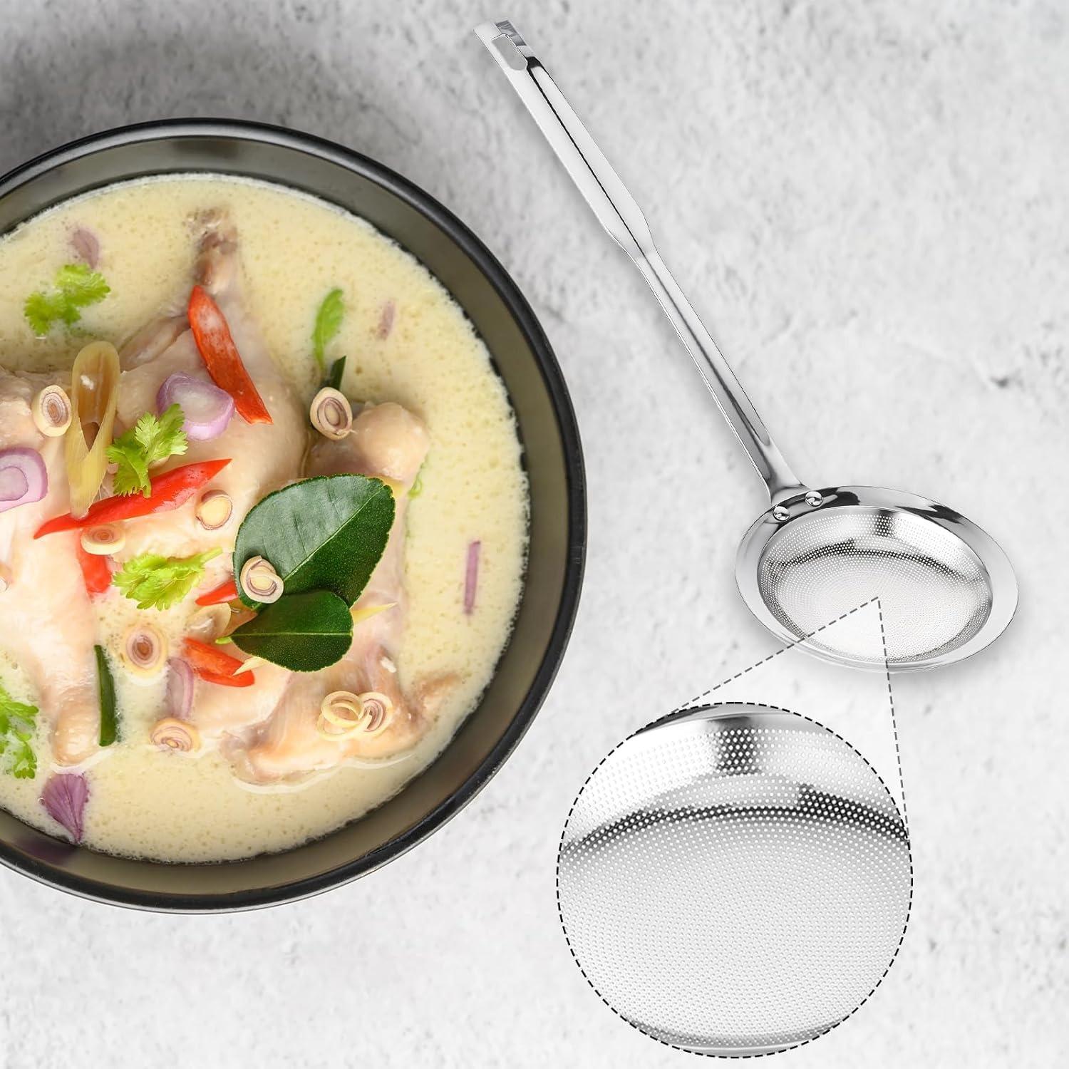 Filter Scoop SUS304 Stainless Steel Fat Skimmer Spoon Fine Mesh Strainer Food Strainer With Handle Kitchen Oil Skimmer Strainer FU Filter Scoop SUS304 Stainless Steel Fat Skimmer Spoon Fine Mesh Strainer Food Strainer With Handle Kitchen Oil Skimmer Strainer FU