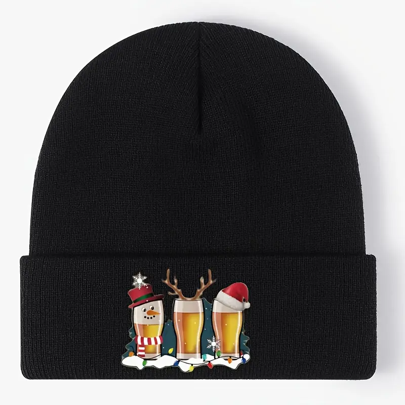 Unisex Festive Print Christmas Knitted Beanie - Warmth Retained, Heat Insulating, Stretchable, Fitted, Skin-Friendly Acrylic Hat with Snowflake, Beer, Reindeer Prints, for Cold Weather Outdoor Sports/Commute, Hand Wash/Flat Dry, 1 Size
