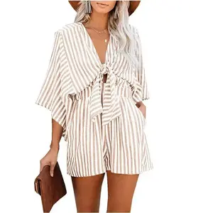 Women's Striped Print Knot Front Romper, Casual Batwing Sleeve Pocket Jumpsuit, Ladies Flattering Silhouette Clothes for Summer Daily Wear Back To School, Rompers for Women Outfit Overalls Womenswear Fitted Light Blue Vneck Pink