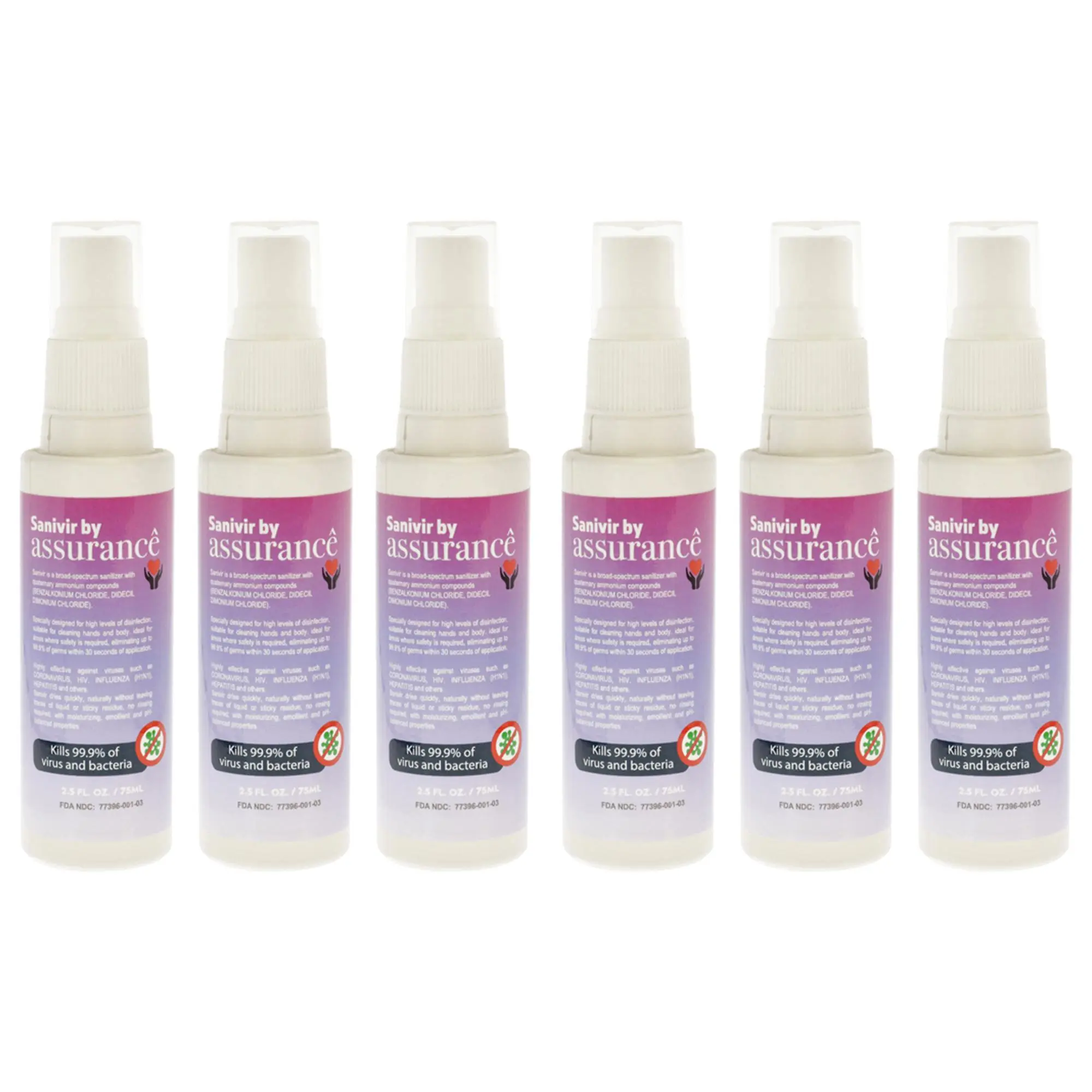 Assurance Sanivir Unisex Hand Sanitizer Solution, 2.5 fl oz, Pack of 6, Daily